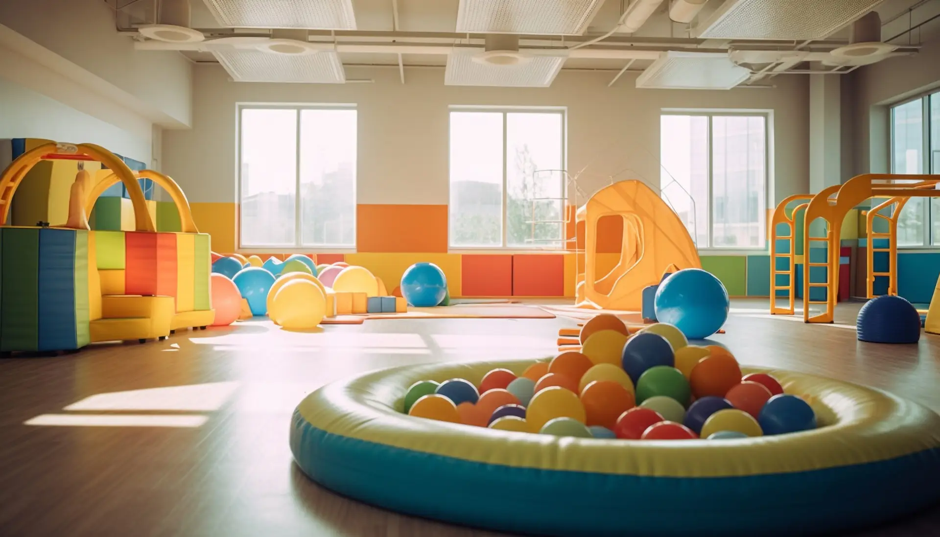 Bright colored toys on floor, playful children indoors generated by artificial intelligence